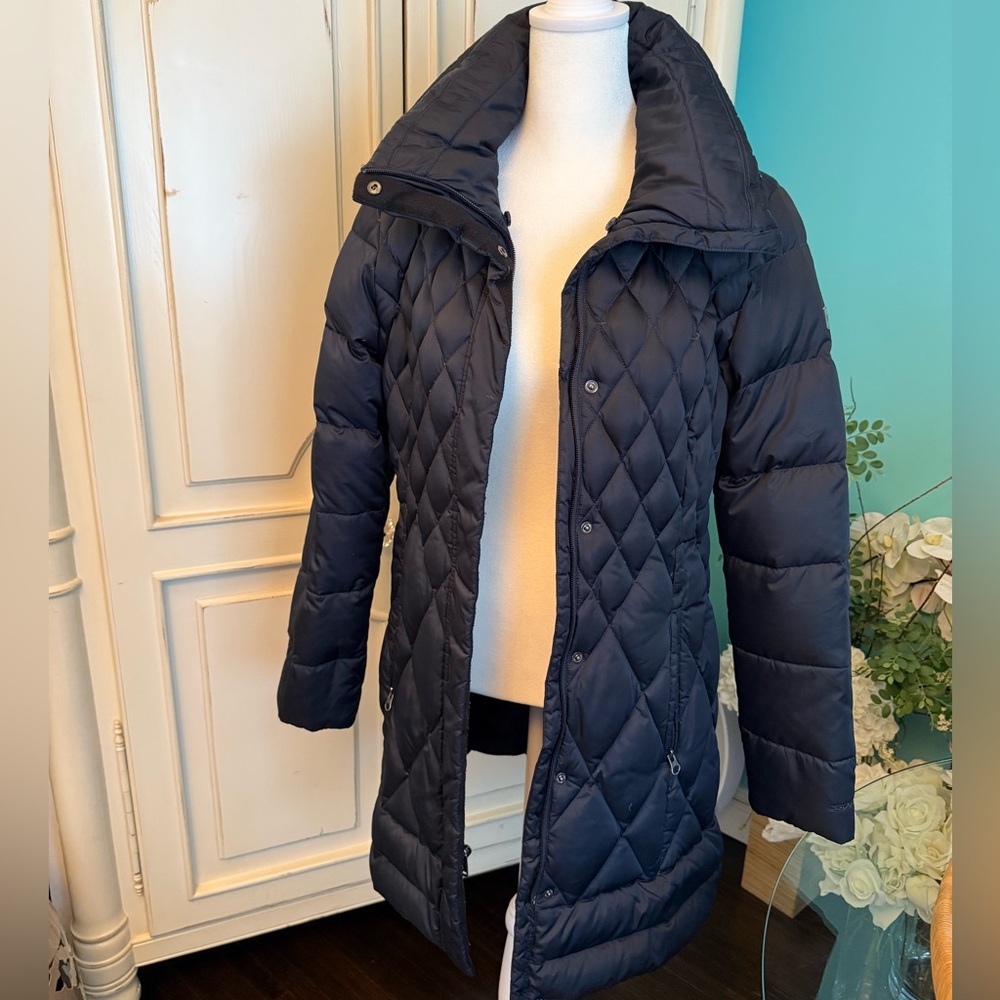 Women’s The NORTHFACE 3/4 length Navy zip jacket hood in collar Sz M - Picture 2 of 16